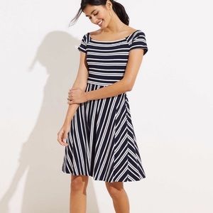 LOFT Navy white stripe wrap back flare dress